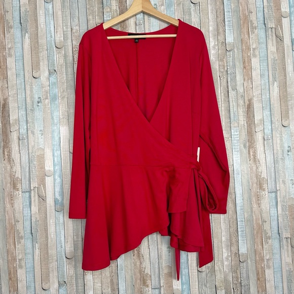 New Eloquii 18 Red V Neck Peplum Wrap Top Stretch Ponte Knit Tie Close Plus Size - Picture 3 of 11